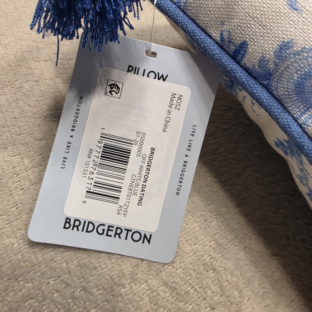 Bridgerton Toile Throw Pillow Blue White Garden Tassel Cushion 10" x 10" Dating - Picture 12 of 16